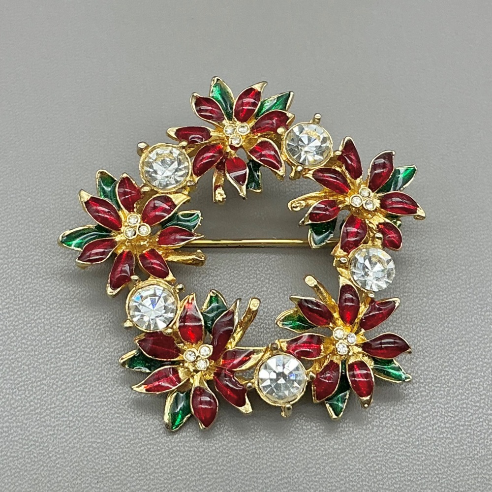 Brooch Women Red Green Gold Christmas Poinsettia Wreath Rhinestone Pin 1.75 Inch